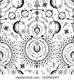 Vector illustration, astronomical geometry, moon, stars, print on t-shirt, tattoo, Handmade, seamless pattern, light  background