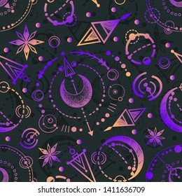 Vector illustration, astronomical geometry, moon, stars, print on t-shirt, Handmade, seamless pattern, dark background