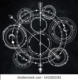 Vector illustration, astronomical geometry, moon, stars, Handmade, print on t-shirt, tattoo, chalkboard background