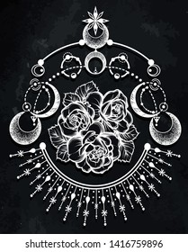 Vector illustration, astronomical geometry, moon, stars, roses, tattoo, print on t-shirt, Handmade, chalkboard background