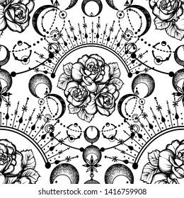 Vector illustration, astronomical geometry, moon, stars, roses, tattoo, print on t-shirt, Handmade, seamless pattern, light  background