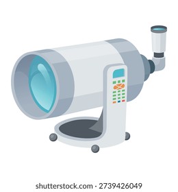 Vector illustration of an astronomical telescope with clear lens and control panel for stargazing and observing celestial bodies