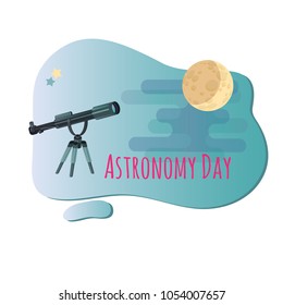 Vector illustration of Astronomy Day.  Cartoon telescope and moon. Astronomy greeting card. Flat design.