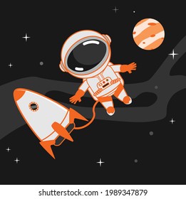 A vector illustration of astronout flying in the space with his rocket, fit for children book, education etc.