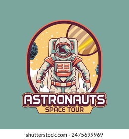 Vector Illustration of Astronout with Meteor,Planet and Clouds in The Space with Simple Illustration Available for Tshirt Design