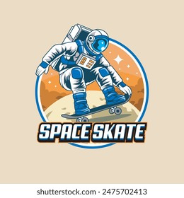 Vector Illustration of Astronout Riding a Skateboard in The Moon in The Space with Simple Illustration Available for Tshirt Design