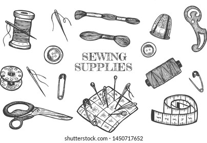 Vector illustration of atelier tailor sewing supplies. Threads and needles, measuring tape, professional pair of scissors, pin cushion, button, English pin, spool. Vintage hand drawn engraving style.