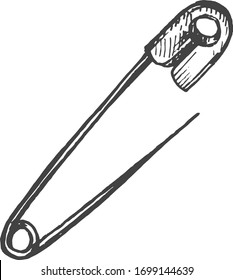 Vector illustration of atelier tailor sewing supplies. English safety pin in a vintage hand drawn engraving style.