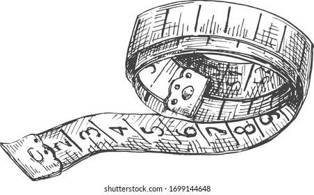 Vektorillustration-Illustration von Schneidernähmitteln. Maßband in einem handgezeichneten Vintage-Gravierstil.