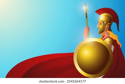 Vector illustration of Athena, the Greek goddess of wisdom and war holding a spear and shield