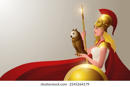 Vector illustration of Athena, the Greek goddess of wisdom and war holding an owl, spear and shield