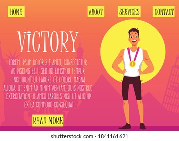 Vector illustration of an athlete awarded a gold medal. Victory in sports. Design of the landing page template for competitions or championships.