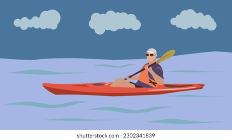Vector illustration of an athlete. Cartoon flat man kayaking on the sea waves. Extreme water sports.