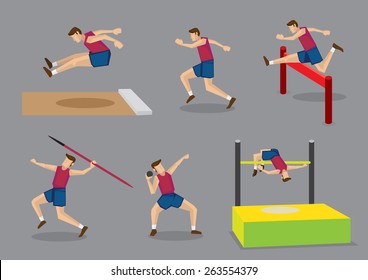 Vector Illustration Athlete Doing Different Track And Field Sports, Long Jump, Running, Hurdles, Javelin Throw, Shot Put And High Jump, Isolated On Grey Background.