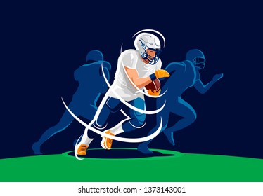 Vector illustration of an athlete in a helmet, running with a ball in his hands, American football, football player