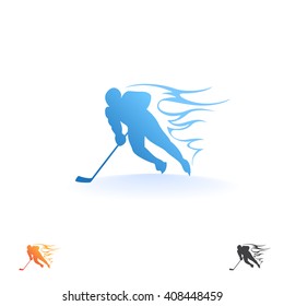 Vector illustration of athlete. Logo hockey player with a hockey stick. Flame on speed.