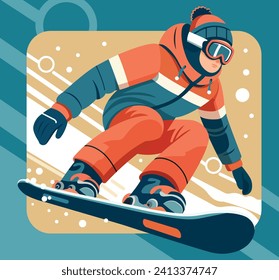 ilustración vectorial de un atleta en una tabla de nieve en un estilo plano