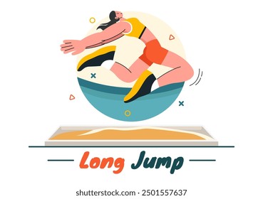 Vector Illustration of an Athlete Performing a Long Jump in a Sand Pit in Sports Championship Themes in Flat Style Cartoon Background