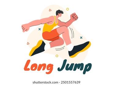 Vector Illustration of an Athlete Performing a Long Jump in a Sand Pit in Sports Championship Themes in Flat Style Cartoon Background