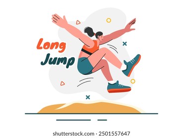 Vector Illustration of an Athlete Performing a Long Jump in a Sand Pit in Sports Championship Themes in Flat Style Cartoon Background