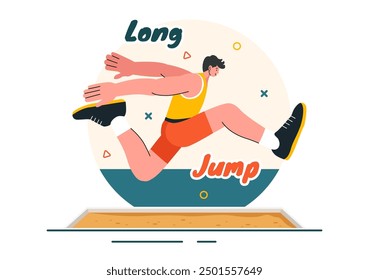 Ilustración vectorial de un atleta realizando un salto de longitud en un pozo de arena en temas de campeonato deportivo en fondo de dibujos animados de estilo plano