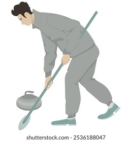 Vector illustration of an athlete playing curling on a white background