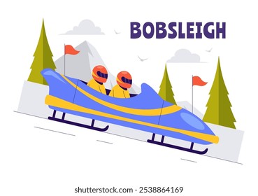 Vector Illustration of an Athlete Riding a Bobsleigh on a Snow Covered, Icy Track for a Competitive Winter Sport Activity in a Flat Style Background