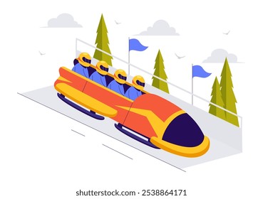 Ilustração vetorial de um atleta cavalgando um bobsled em uma neve coberta, pista gelada para uma atividade competitiva de esporte de inverno em um plano de fundo de estilo plano