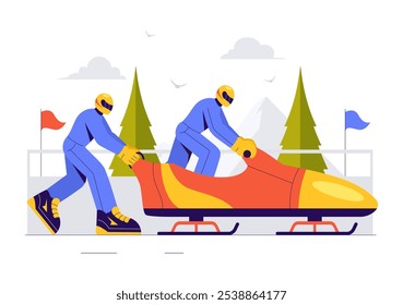 Vector Illustration of an Athlete Riding a Bobsleigh on a Snow Covered, Icy Track for a Competitive Winter Sport Activity in a Flat Style Background