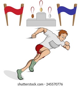 Vector illustration athlete runner in the competition with the finish line , a podium and medals