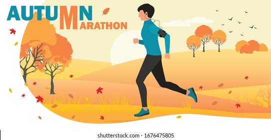 Vector illustration of athlete running cross, young man running in autumn forest, flat design