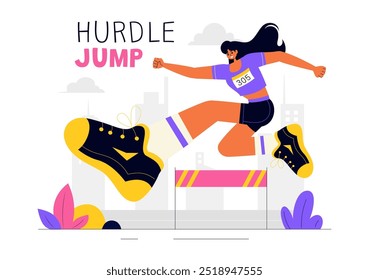Ilustração vetorial de um atleta correndo obstáculos e realizando um salto longo em uma competição esportiva com uma corrida de obstáculos em um plano de fundo