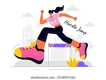 Ilustración vectorial de un atleta corriendo obstáculos y realizando un salto de longitud en una competición deportiva con una carrera de obstáculos en un fondo plano