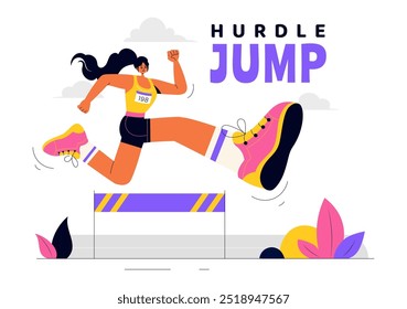 Vector Illustration of an Athlete Running Hurdles and Performing a Long Jump in a Sports Competition with an Obstacle Race in a Flat Background