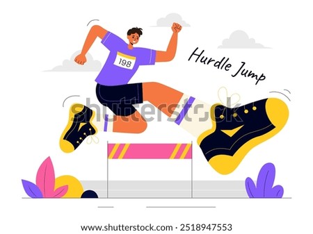 Vector Illustration of an Athlete Running Hurdles and Performing a Long Jump in a Sports Competition with an Obstacle Race in a Flat Background