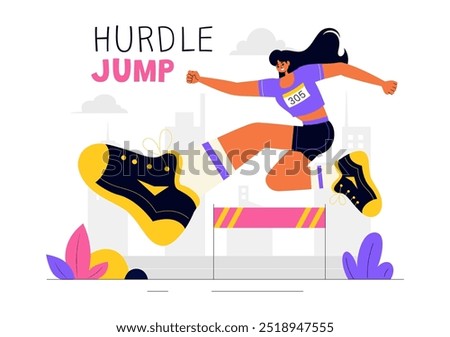 Vector Illustration of an Athlete Running Hurdles and Performing a Long Jump in a Sports Competition with an Obstacle Race in a Flat Background