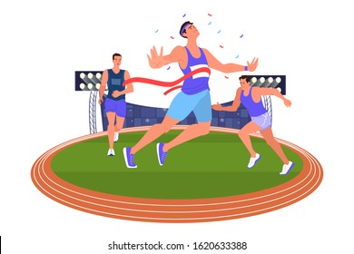 Vector illustration athlete sprinting. Running competition. Young professional sportsman training. Athlete on the stadium. Championship tournament. Isolated vector illustration in cartoon style