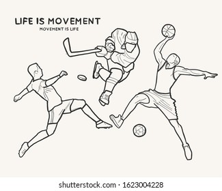 vector illustration of athletes. Different kinds of sports together. Champions, life sports, movement, set of athletes in motion, active pose. logo, sports events and certificates, diplomas