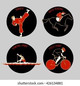 Vector illustration of Athletes. Karate. Horse Riding. Cycle sport. Rowing sport. Summer games icons. Round sports icons set with sportsmen for any competition or championship design.