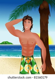 Vector Illustration of an athletic Beach Scene Guy with beach background and palm tree.