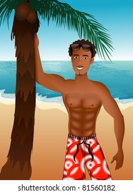 Vector Illustration of an athletic Beach Scene Guy with beach background and palm tree.