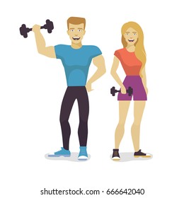 Vector illustration of athletic couple with dumbbells. Male and female character. Flat style