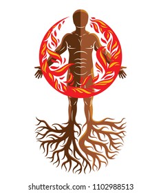 Vector illustration of athletic man composed with tree roots, fire person as bunch of the powerful energy covered with a fireball.