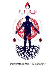 Vector illustration of athletic man composed with tree roots, fire person as bunch of the powerful energy covered with a fireball.