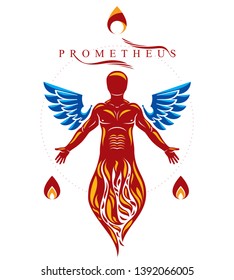 Vector illustration of athletic man composed with bird wings as freedom concept. Prometheus metaphor.