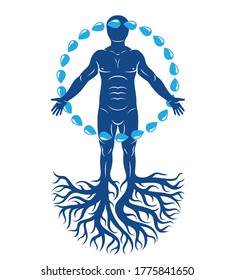 Vector illustration of athletic man composed with tree roots and circle of water drops, human water reserves metaphor.