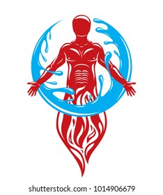 Vector illustration of athletic man created form fire and surrounded by a water ball. Nature elements harmony metaphor. 