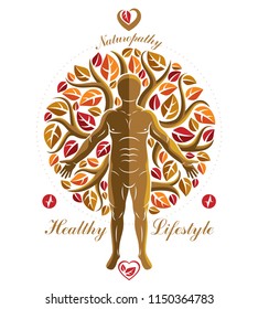 Vector illustration of athletic man created as a continuation of autumn tree. Human and nature harmony metaphor, naturopathy.