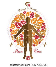 Vektorgrafik des athletischen Mannes als Fortsetzung des Herbstbaumes geschaffen. Harmonische Metapher von Mensch und Natur, Naturheilkunde.