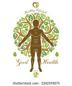 Ilustración vectorial del hombre atlético creada como continuación del árbol verde. Restaurando la idea de la salud, la homeopatía.